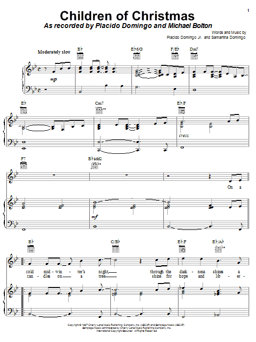 Learn to play Placido Domingo Jr. Children Of Christmas sheet music for Piano, Vocal & Guitar (Right-Hand Melody) in minutes. Placido Domingo Jr. Children Of Christmas sheet music notes and chords. Download Printable PDF.