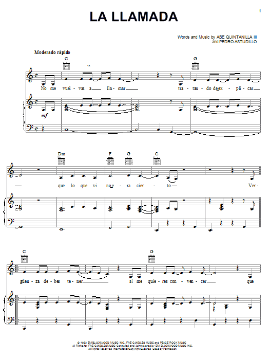 Learn to play A.B. Quintanilla III La Llamada sheet music for Piano, Vocal & Guitar (Right-Hand Melody) in minutes. A.B. Quintanilla III La Llamada sheet music notes and chords. Download Printable PDF.