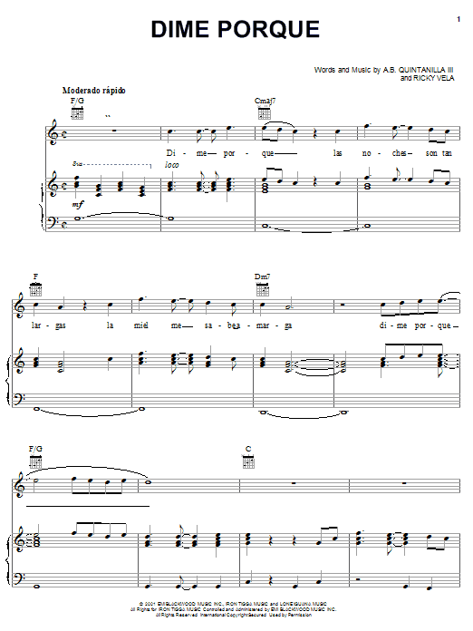 Learn to play A.B. Quintanilla III Dime Porque sheet music for Piano, Vocal & Guitar (Right-Hand Melody) in minutes. A.B. Quintanilla III Dime Porque sheet music notes and chords. Download Printable PDF.