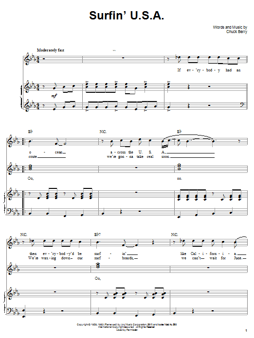 Learn to play The Beach Boys Surfin' U.S.A. sheet music for Piano, Vocal & Guitar (Right-Hand Melody) in minutes. The Beach Boys Surfin' U.S.A. sheet music notes and chords. Download Printable PDF.