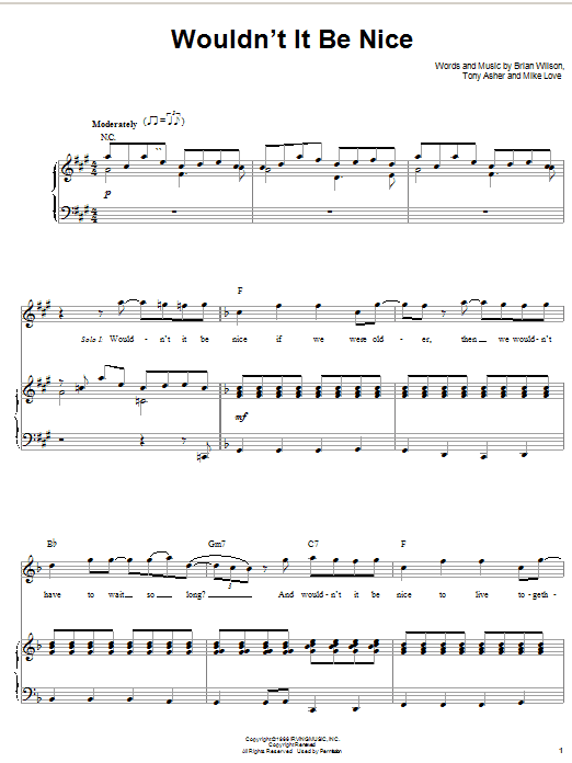 Learn to play The Beach Boys Wouldn't It Be Nice sheet music for Piano & Vocal in minutes. The Beach Boys Wouldn't It Be Nice sheet music notes and chords. Download Printable PDF.