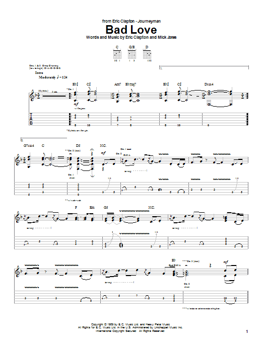 Learn to play Eric Clapton Bad Love sheet music for Guitar Tab in minutes. Eric Clapton Bad Love sheet music notes and chords. Download Printable PDF.