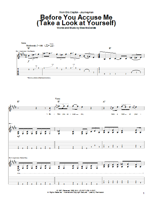 Learn to play Eric Clapton Before You Accuse Me (Take A Look At Yourself) sheet music for Guitar Tab in minutes. Eric Clapton Before You Accuse Me (Take A Look At Yourself) sheet music notes and chords. Download Printable PDF.