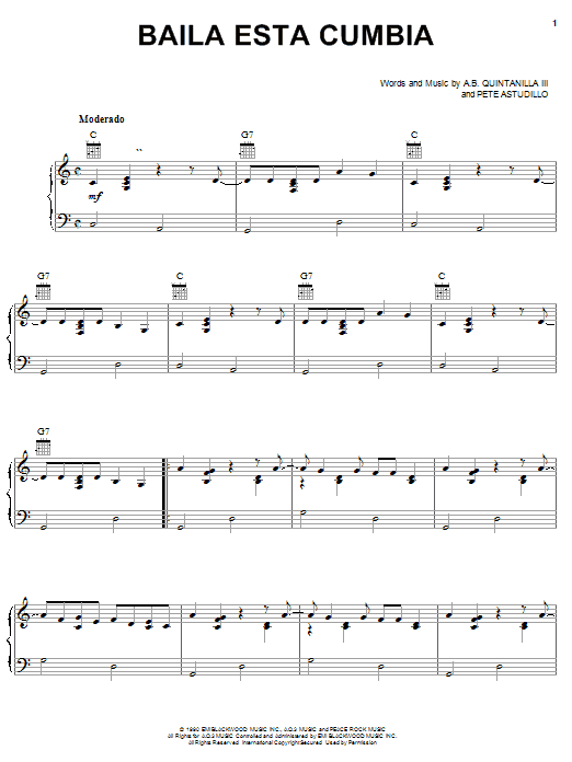 Learn to play A.B. Quintanilla III Baila Esta Cumbia sheet music for Piano, Vocal & Guitar (Right-Hand Melody) in minutes. A.B. Quintanilla III Baila Esta Cumbia sheet music notes and chords. Download Printable PDF.