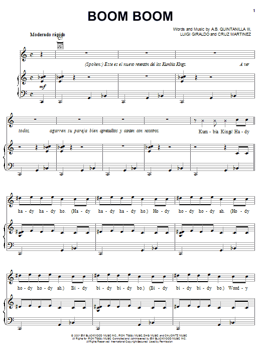 Learn to play A.B. Quintanilla III Boom Boom sheet music for Piano, Vocal & Guitar (Right-Hand Melody) in minutes. A.B. Quintanilla III Boom Boom sheet music notes and chords. Download Printable PDF.