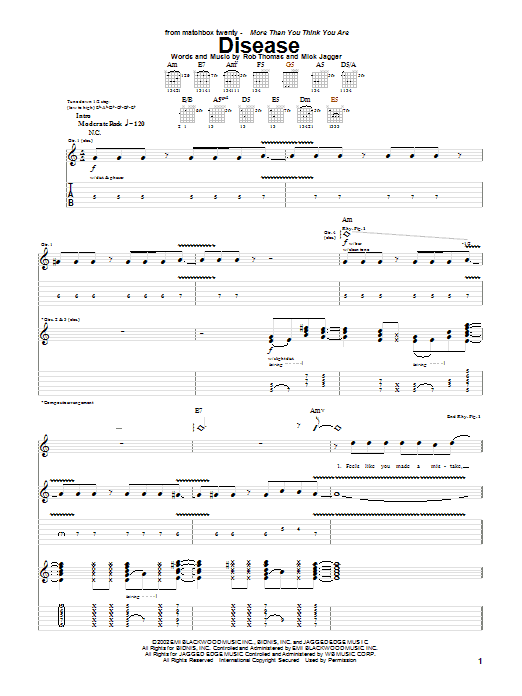 Learn to play Matchbox Twenty Disease sheet music for Guitar Tab in minutes. Matchbox Twenty Disease sheet music notes and chords. Download Printable PDF.