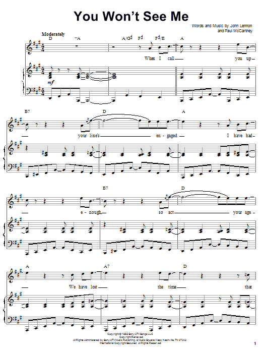 Learn to play The Beatles You Won't See Me sheet music for Piano, Vocal & Guitar (Right-Hand Melody) in minutes. The Beatles You Won't See Me sheet music notes and chords. Download Printable PDF.