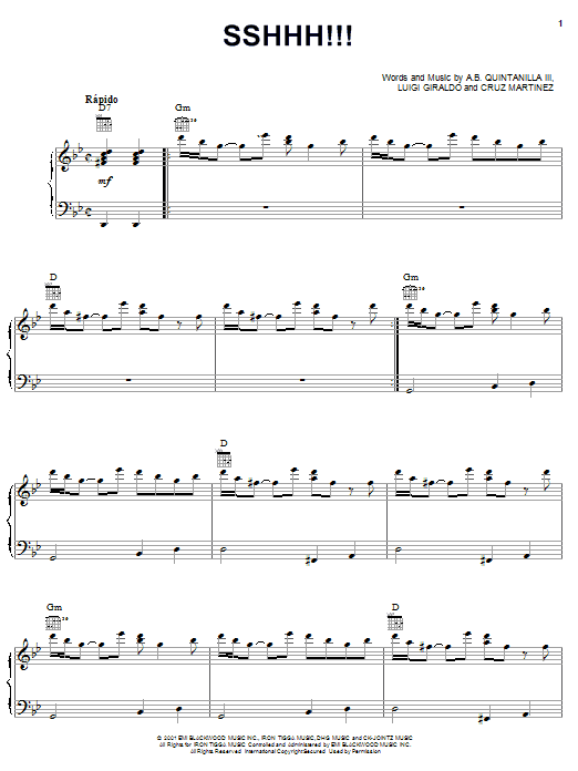 Learn to play A.B. Quintanilla III SSHHH!!! sheet music for Piano, Vocal & Guitar (Right-Hand Melody) in minutes. A.B. Quintanilla III SSHHH!!! sheet music notes and chords. Download Printable PDF.