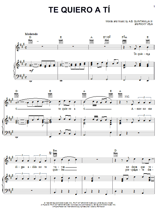 Learn to play A.B. Quintanilla III Te Quiero A Ti sheet music for Piano, Vocal & Guitar (Right-Hand Melody) in minutes. A.B. Quintanilla III Te Quiero A Ti sheet music notes and chords. Download Printable PDF.