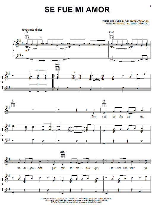 Learn to play A.B. Quintanilla III Se Fue Mi Amor sheet music for Piano, Vocal & Guitar (Right-Hand Melody) in minutes. A.B. Quintanilla III Se Fue Mi Amor sheet music notes and chords. Download Printable PDF.