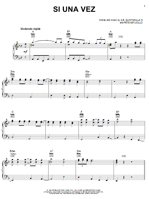 Learn to play A.B. Quintanilla III Si Una Vez sheet music for Piano, Vocal & Guitar (Right-Hand Melody) in minutes. A.B. Quintanilla III Si Una Vez sheet music notes and chords. Download Printable PDF.