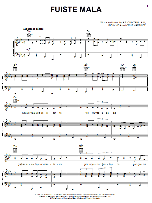 Learn to play A.B. Quintanilla III Fuiste Mala sheet music for Piano, Vocal & Guitar (Right-Hand Melody) in minutes. A.B. Quintanilla III Fuiste Mala sheet music notes and chords. Download Printable PDF.
