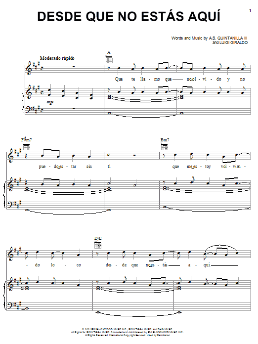 Learn to play A.B. Quintanilla III Desde Que No Estas Aqui sheet music for Piano, Vocal & Guitar (Right-Hand Melody) in minutes. A.B. Quintanilla III Desde Que No Estas Aqui sheet music notes and chords. Download Printable PDF.