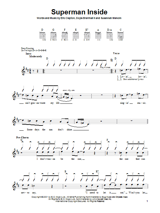 Learn to play Eric Clapton Superman Inside sheet music for Guitar with strumming patterns in minutes. Eric Clapton Superman Inside sheet music notes and chords. Download Printable PDF.