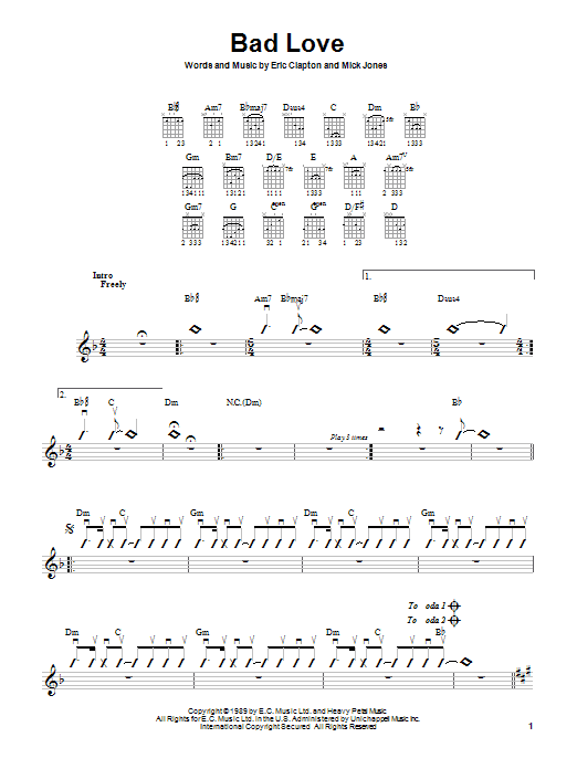 Learn to play Eric Clapton Bad Love sheet music for Guitar with strumming patterns in minutes. Eric Clapton Bad Love sheet music notes and chords. Download Printable PDF.