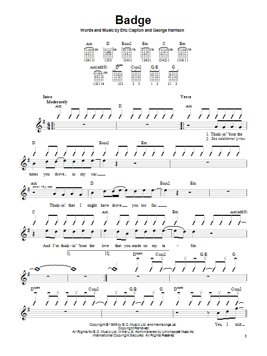 Learn to play Cream Badge sheet music for Guitar with strumming patterns in minutes. Cream Badge sheet music notes and chords. Download Printable PDF.