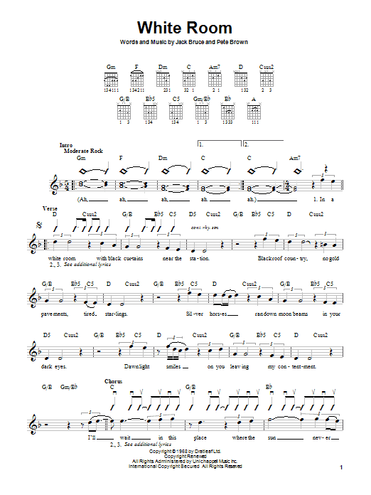 Learn to play Cream White Room sheet music for Guitar with strumming patterns in minutes. Cream White Room sheet music notes and chords. Download Printable PDF.