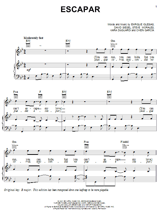 Learn to play Enrique Iglesias Escapar sheet music for Piano, Vocal & Guitar (Right-Hand Melody) in minutes. Enrique Iglesias Escapar sheet music notes and chords. Download Printable PDF.