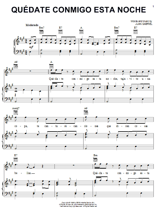 Learn to play Juan Gabriel Quedate Conmigo Esta Noche sheet music for Piano, Vocal & Guitar (Right-Hand Melody) in minutes. Juan Gabriel Quedate Conmigo Esta Noche sheet music notes and chords. Download Printable PDF.