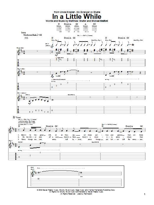 Learn to play Uncle Kracker In A Little While sheet music for Guitar Tab in minutes. Uncle Kracker In A Little While sheet music notes and chords. Download Printable PDF.