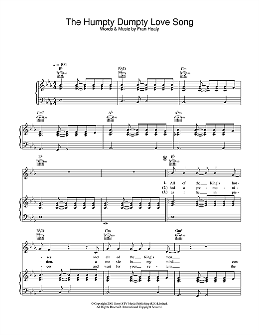 Learn to play Travis The Humpty Dumpty Love Song sheet music for Piano, Vocal & Guitar in minutes. Travis The Humpty Dumpty Love Song sheet music notes and chords. Download Printable PDF.