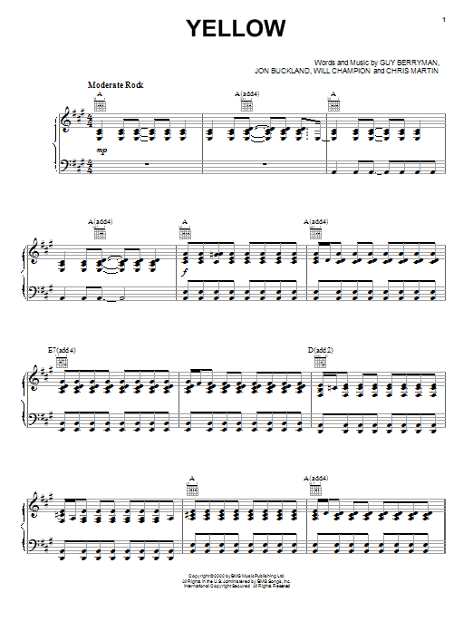 Learn to play Coldplay Yellow sheet music for Piano, Vocal & Guitar (Right-Hand Melody) in minutes. Coldplay Yellow sheet music notes and chords. Download Printable PDF.
