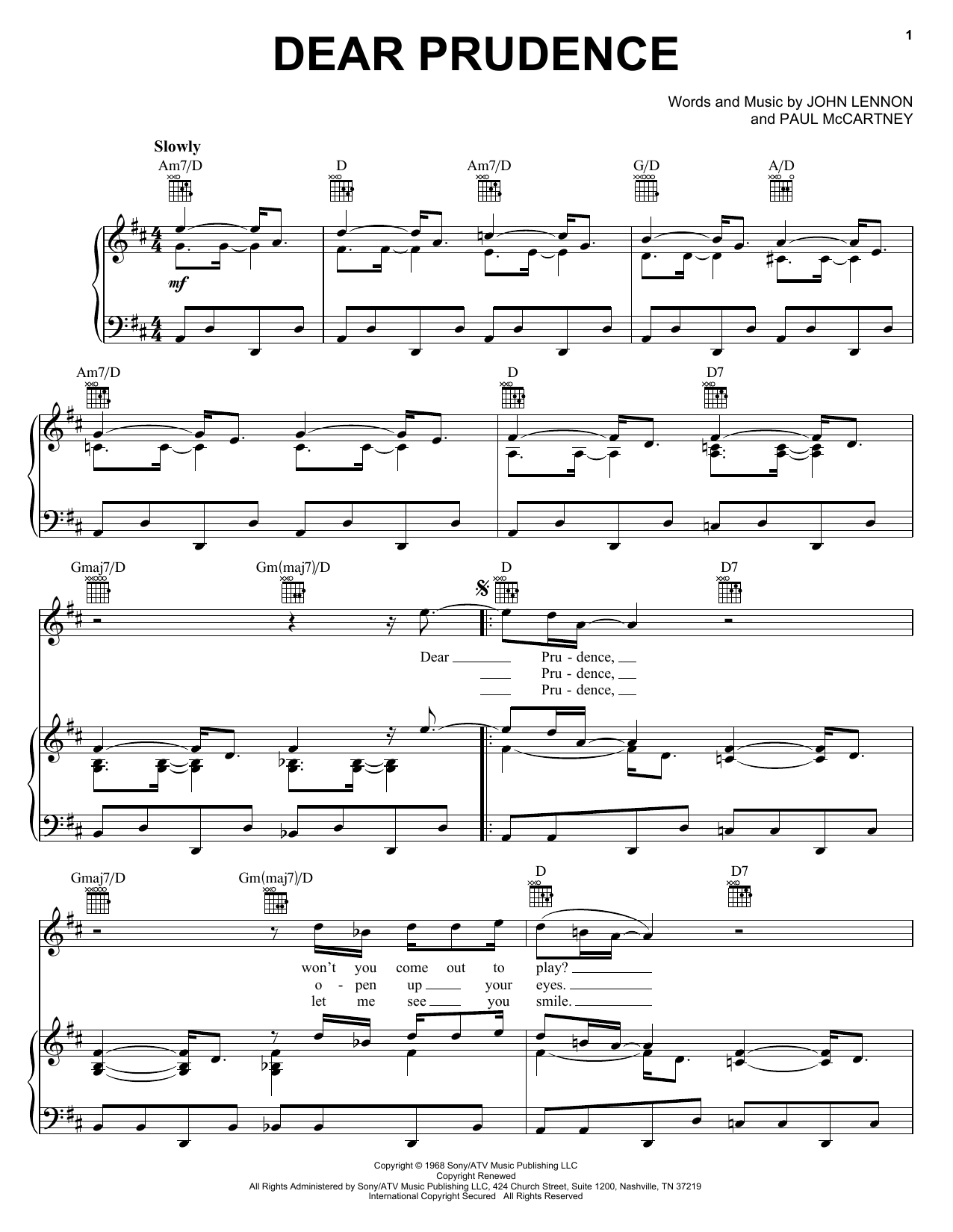 Learn to play The Beatles Dear Prudence sheet music for Piano, Vocal & Guitar (Right-Hand Melody) in minutes. The Beatles Dear Prudence sheet music notes and chords. Download Printable PDF.