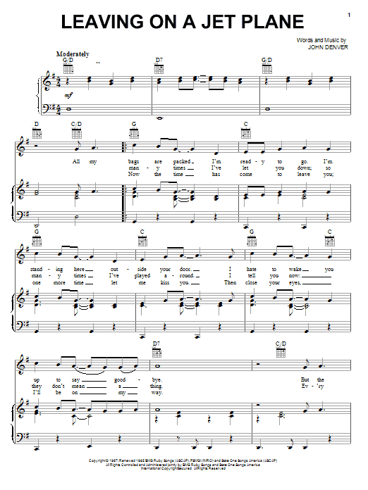 Learn to play John Denver Leaving On A Jet Plane sheet music for Piano, Vocal & Guitar (Right-Hand Melody) in minutes. John Denver Leaving On A Jet Plane sheet music notes and chords. Download Printable PDF.