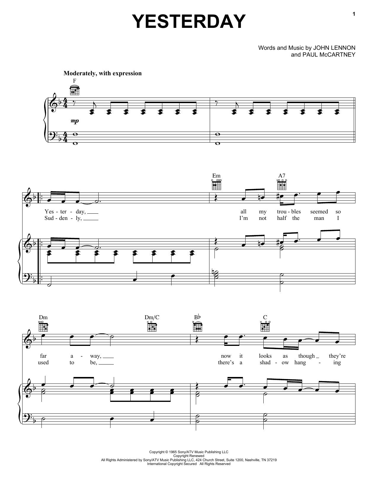 Learn to play The Beatles Yesterday sheet music for Piano, Vocal & Guitar (Right-Hand Melody) in minutes. The Beatles Yesterday sheet music notes and chords. Download Printable PDF.