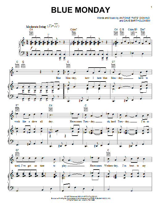 Learn to play Fats Domino Blue Monday sheet music for Piano, Vocal & Guitar (Right-Hand Melody) in minutes. Fats Domino Blue Monday sheet music notes and chords. Download Printable PDF.