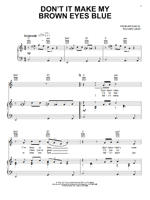 Learn to play Crystal Gayle Don't It Make My Brown Eyes Blue sheet music for Piano, Vocal & Guitar (Right-Hand Melody) in minutes. Crystal Gayle Don't It Make My Brown Eyes Blue sheet music notes and chords. Download Printable PDF.