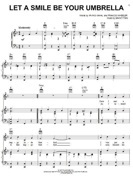 Learn to play Irving Kahal Let A Smile Be Your Umbrella sheet music for Piano, Vocal & Guitar (Right-Hand Melody) in minutes. Irving Kahal Let A Smile Be Your Umbrella sheet music notes and chords. Download Printable PDF.