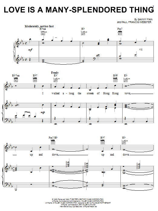 Learn to play The Four Aces Love Is A Many-Splendored Thing sheet music for Piano, Vocal & Guitar (Right-Hand Melody) in minutes. The Four Aces Love Is A Many-Splendored Thing sheet music notes and chords. Download Printable PDF.
