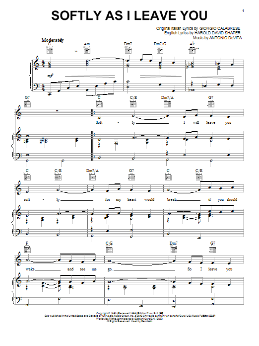 Learn to play Elvis Presley Softly As I Leave You sheet music for Piano, Vocal & Guitar (Right-Hand Melody) in minutes. Elvis Presley Softly As I Leave You sheet music notes and chords. Download Printable PDF.