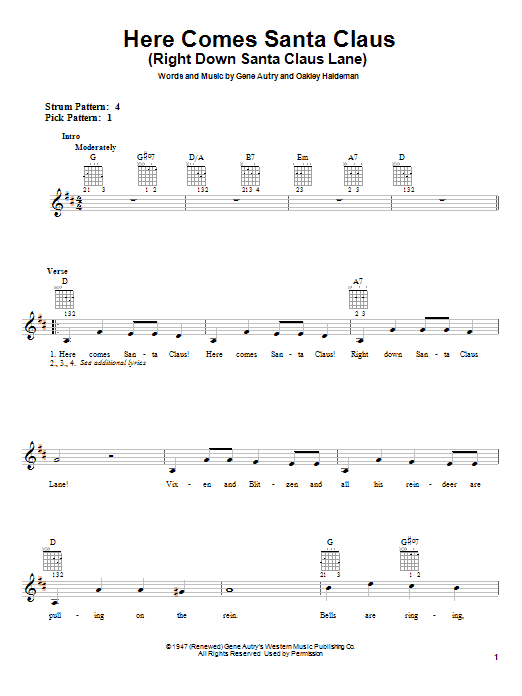 Learn to play Gene Autry Here Comes Santa Claus (Right Down Santa Claus Lane) sheet music for Easy Guitar in minutes. Gene Autry Here Comes Santa Claus (Right Down Santa Claus Lane) sheet music notes and chords. Download Printable PDF.