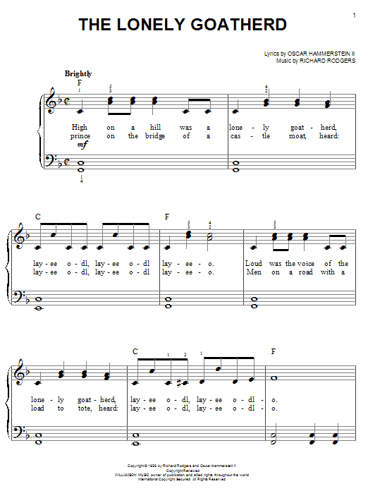 Learn to play Rodgers & Hammerstein The Lonely Goatherd sheet music for Easy Piano in minutes. Rodgers & Hammerstein The Lonely Goatherd sheet music notes and chords. Download Printable PDF.