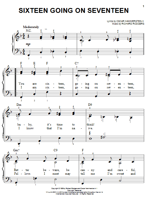 Learn to play Rodgers & Hammerstein Sixteen Going On Seventeen (from The Sound Of Music) sheet music for Easy Piano in minutes. Rodgers & Hammerstein Sixteen Going On Seventeen (from The Sound Of Music) sheet music notes and chords. Download Printable PDF.