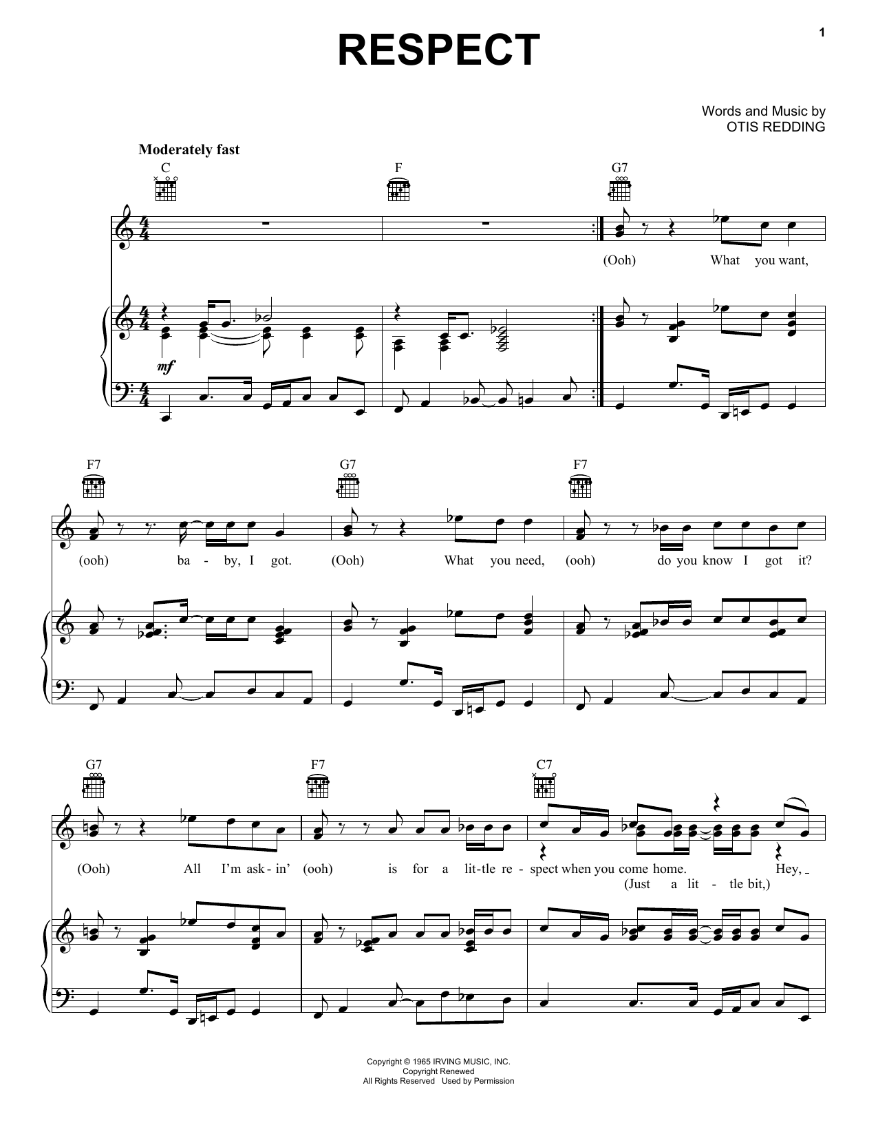 Learn to play Aretha Franklin Respect sheet music for Piano, Vocal & Guitar (Right-Hand Melody) in minutes. Aretha Franklin Respect sheet music notes and chords. Download Printable PDF.