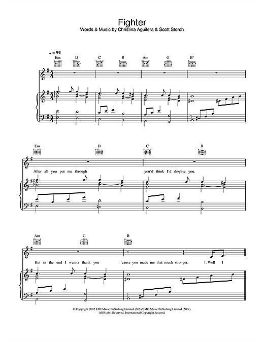 Learn to play Christina Aguilera Fighter sheet music for Piano, Vocal & Guitar in minutes. Christina Aguilera Fighter sheet music notes and chords. Download Printable PDF.
