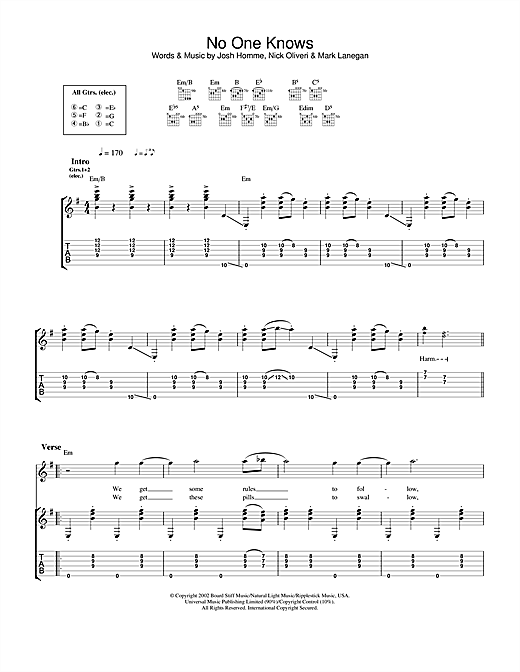 Learn to play Queens Of The Stone Age No One Knows sheet music for Guitar Tab in minutes. Queens Of The Stone Age No One Knows sheet music notes and chords. Download Printable PDF.