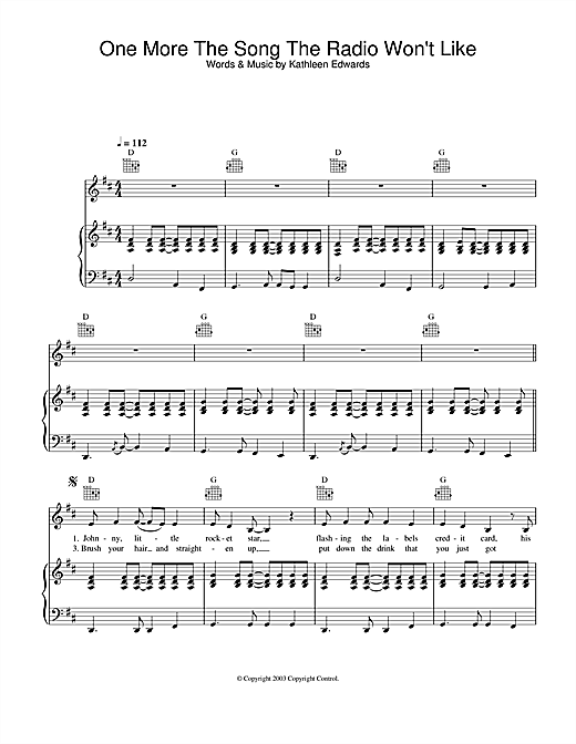 Learn to play Kathleen Edwards One More The Song The Radio Won't Like sheet music for Piano, Vocal & Guitar in minutes. Kathleen Edwards One More The Song The Radio Won't Like sheet music notes and chords. Download Printable PDF.