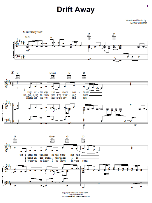 Learn to play Linda Eder Drift Away sheet music for Piano, Vocal & Guitar (Right-Hand Melody) in minutes. Linda Eder Drift Away sheet music notes and chords. Download Printable PDF.