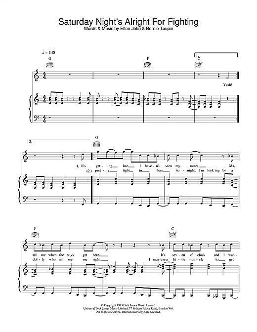 Learn to play Elton John Saturday Night's Alright (For Fighting) sheet music for Piano, Vocal & Guitar in minutes. Elton John Saturday Night's Alright (For Fighting) sheet music notes and chords. Download Printable PDF.