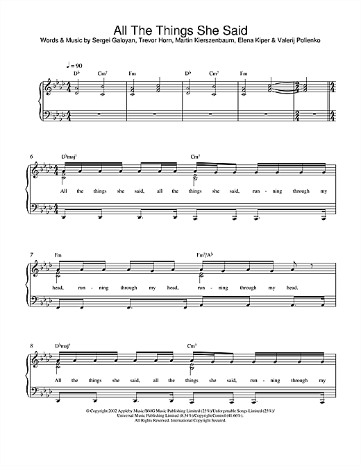 Learn to play t.A.T.u. All The Things She Said sheet music for Piano in minutes. t.A.T.u. All The Things She Said sheet music notes and chords. Download Printable PDF.