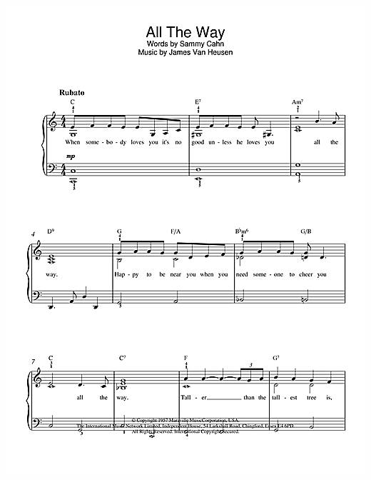 Learn to play Sammy Cahn All The Way sheet music for Piano in minutes. Sammy Cahn All The Way sheet music notes and chords. Download Printable PDF.