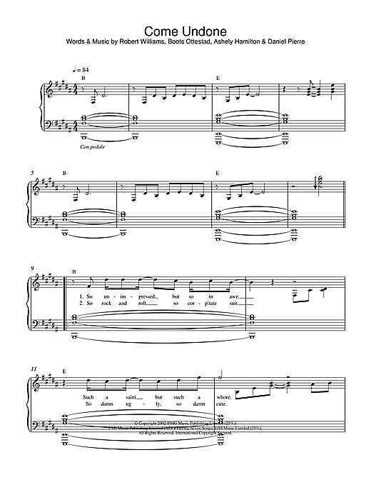 Learn to play Robbie Williams Come Undone sheet music for Piano in minutes. Robbie Williams Come Undone sheet music notes and chords. Download Printable PDF.