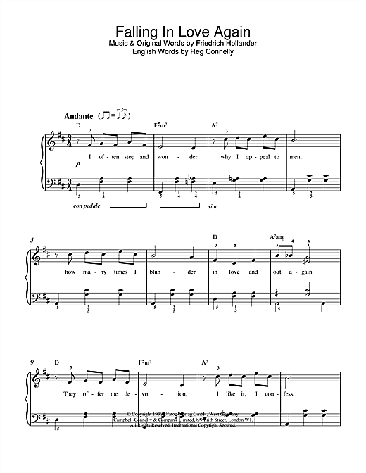 Learn to play Marlene Dietrich Falling In Love Again sheet music for Easy Piano in minutes. Marlene Dietrich Falling In Love Again sheet music notes and chords. Download Printable PDF.