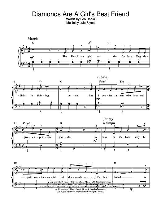 Learn to play Marilyn Monroe Diamonds Are A Girl's Best Friend sheet music for Beginner Piano in minutes. Marilyn Monroe Diamonds Are A Girl's Best Friend sheet music notes and chords. Download Printable PDF.