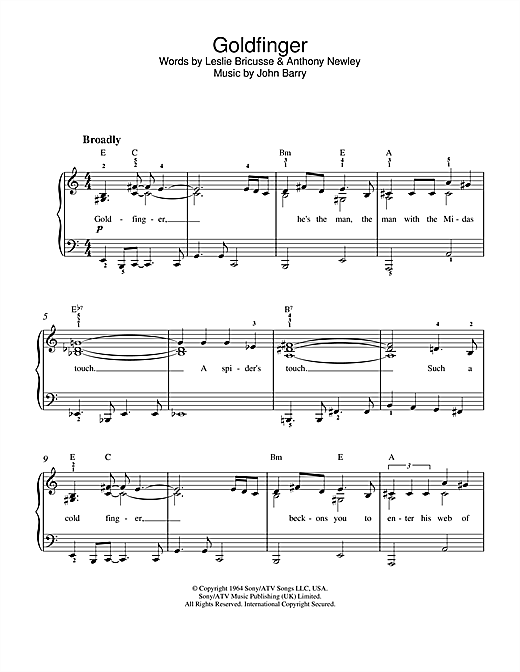 Learn to play Shirley Bassey Goldfinger (theme from the James Bond film) sheet music for Easy Piano in minutes. Shirley Bassey Goldfinger (theme from the James Bond film) sheet music notes and chords. Download Printable PDF.