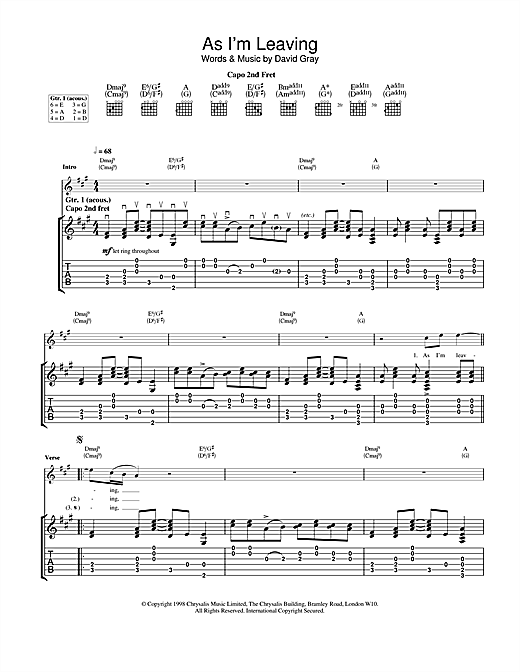 Learn to play David Gray As I’m Leaving sheet music for Guitar Tab in minutes. David Gray As I’m Leaving sheet music notes and chords. Download Printable PDF.